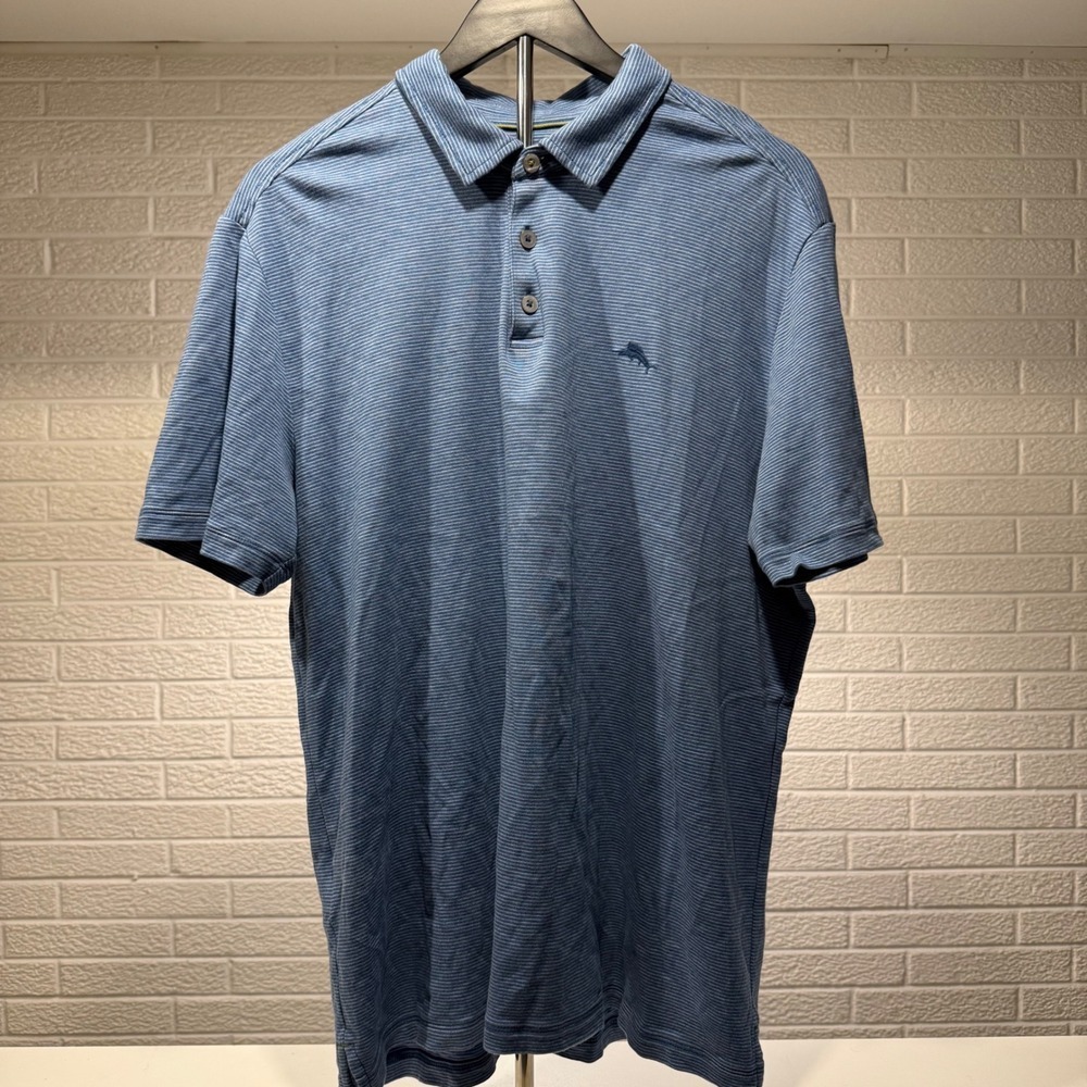 Tommy Bahama Men's Striped Blue Polo‎ Shirt Short Sleeve Casual Golf Large